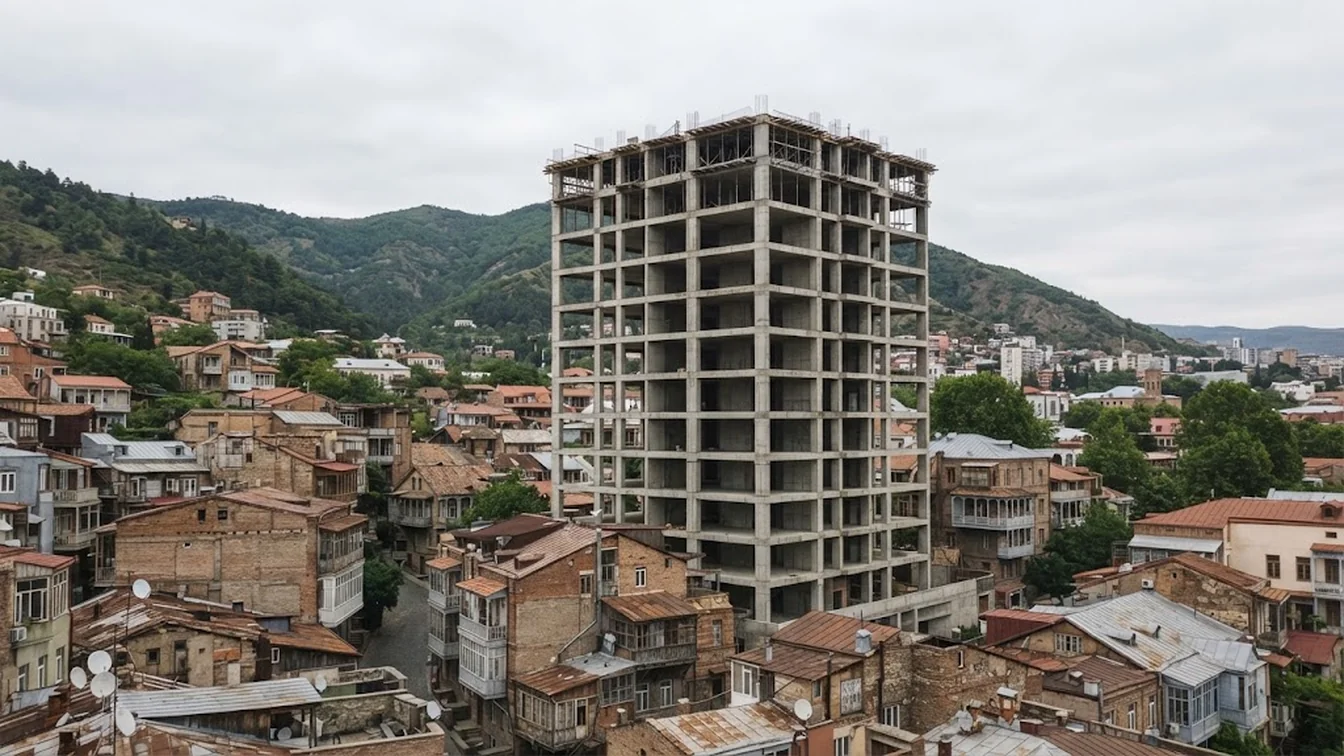 Immeuble résidentiel inachevé dominant les toits de Tbilissi