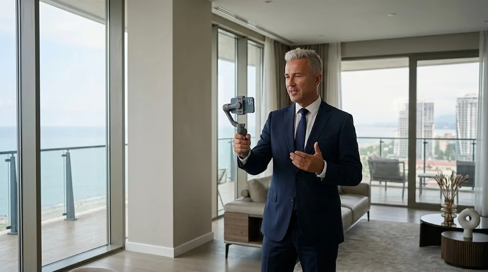 Un agent filme la visite d’un appartement à Batoumi avec vue sur la mer Noire.
