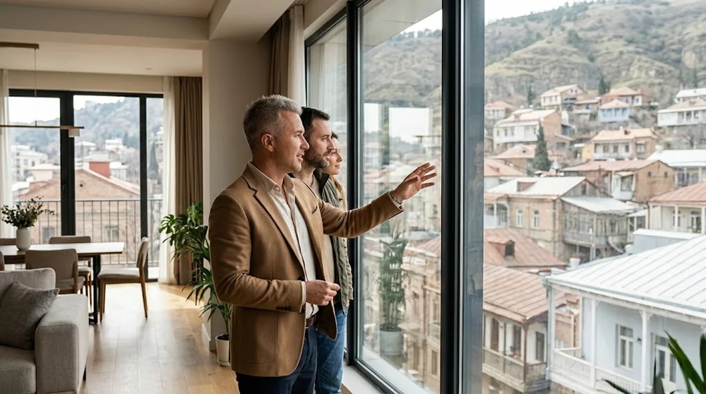 Visite d'un appartement lumineux à Tbilissi avec un conseiller immobilier et deux acheteurs