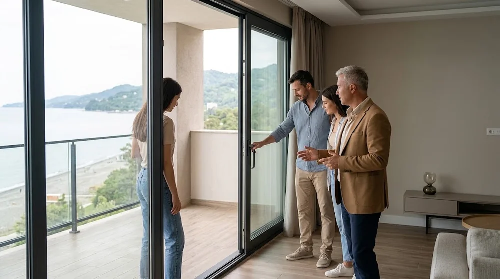Un conseiller et deux visiteurs examinent un appartement avec balcon à Gonio