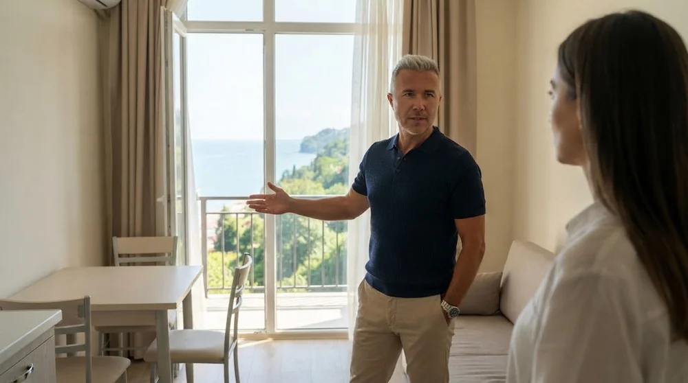 Visite d’un studio à Kvariati avec un conseiller immobilier