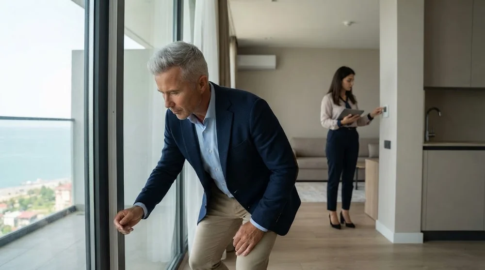 Un conseiller et une gestionnaire inspectent un appartement à Batoumi avec vue sur la mer.
