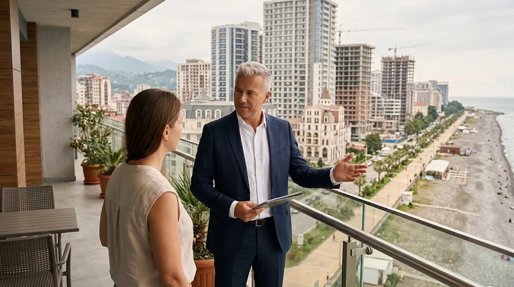 Conseiller immobilier et acheteur sur le balcon d'un appartement moderne à Batoumi