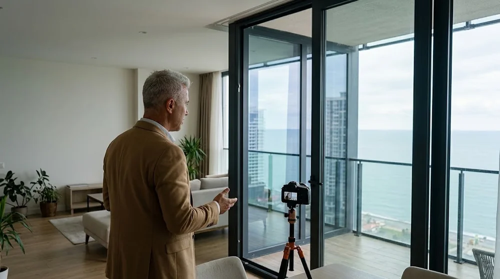 Agent immobilier réalisant une visite à distance dans un appartement à Batumi