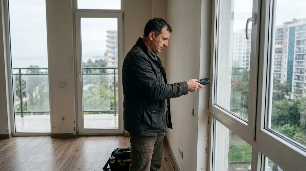 Un technicien inspecte une fenêtre et le mur adjacent dans un appartement