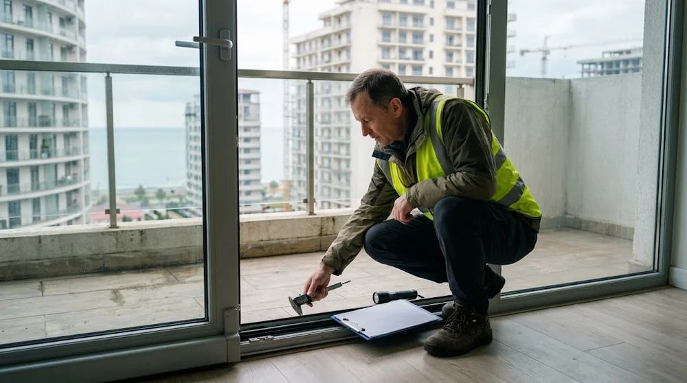 Inspection des joints d’une fenêtre et du seuil d’un balcon dans un appartement à Batoumi.