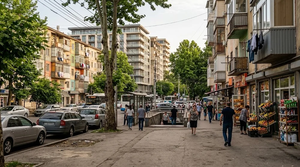 Immeubles résidentiels et transports dans le quartier de Saburtalo à Tbilissi