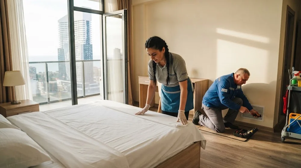 Contrôle du linge et de la ventilation dans un appartement destiné à la location saisonnière.