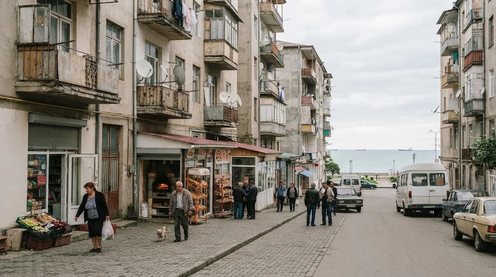 Rue résidentielle de Batoumi avec immeubles et cheminements piétons.
