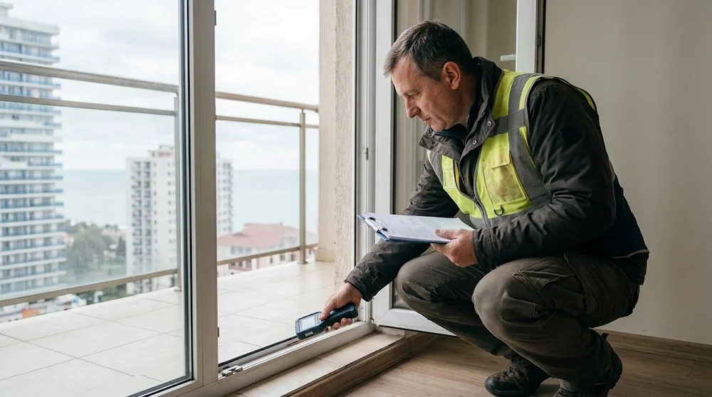 Inspection des joints de fenêtre et du seuil du balcon dans un appartement à Batumi