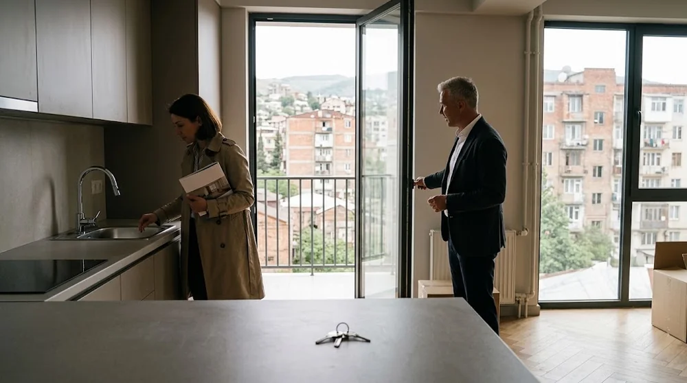 Deux personnes vérifient les équipements d’un appartement à Tbilissi lors de la réception