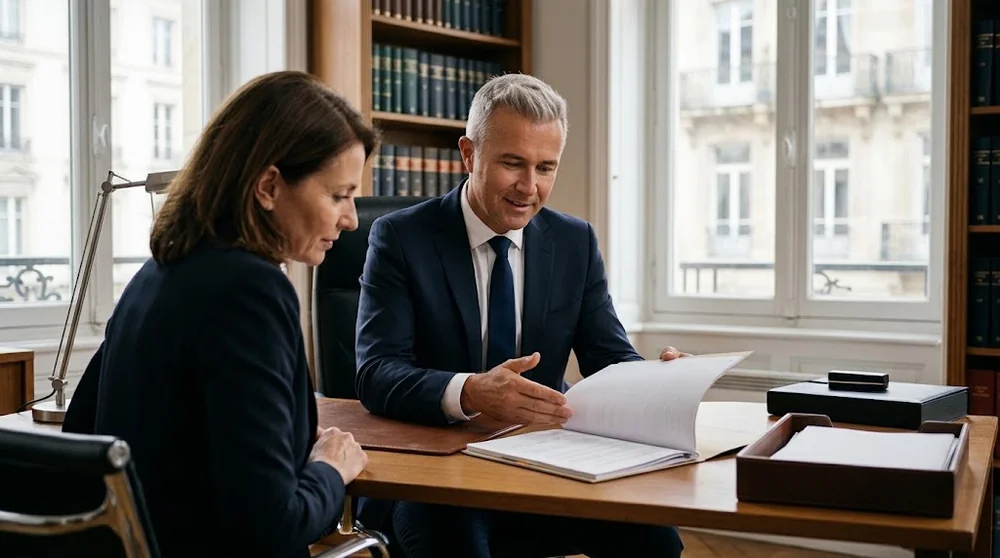 Deux personnes examinent un dossier dans un bureau de notaire.