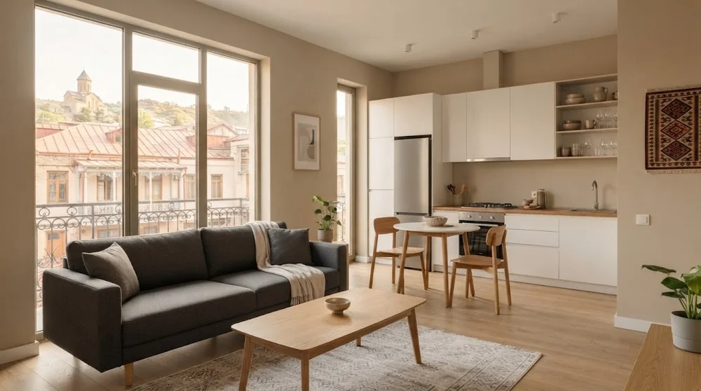 Pièce de vie meublée avec cuisine ouverte dans un appartement à Tbilissi
