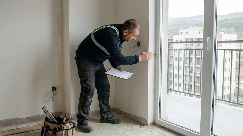 Technicien examinant les joints et les finitions d'une fenêtre dans un appartement