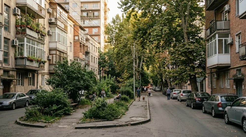 Rue résidentielle bordée d'arbres dans le quartier de Vake à Tbilissi