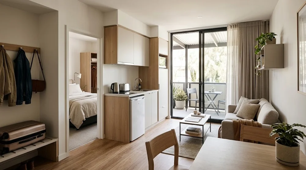 Appartement avec chambre séparée, cuisine et rangement pour les bagages