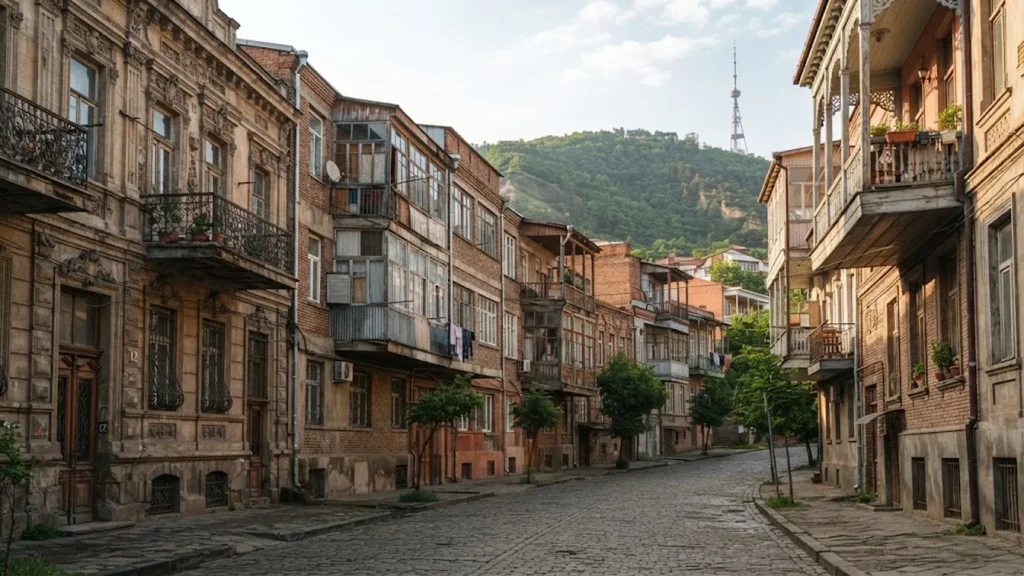 Façades d'immeubles avec balcons dans une rue de Tbilissi